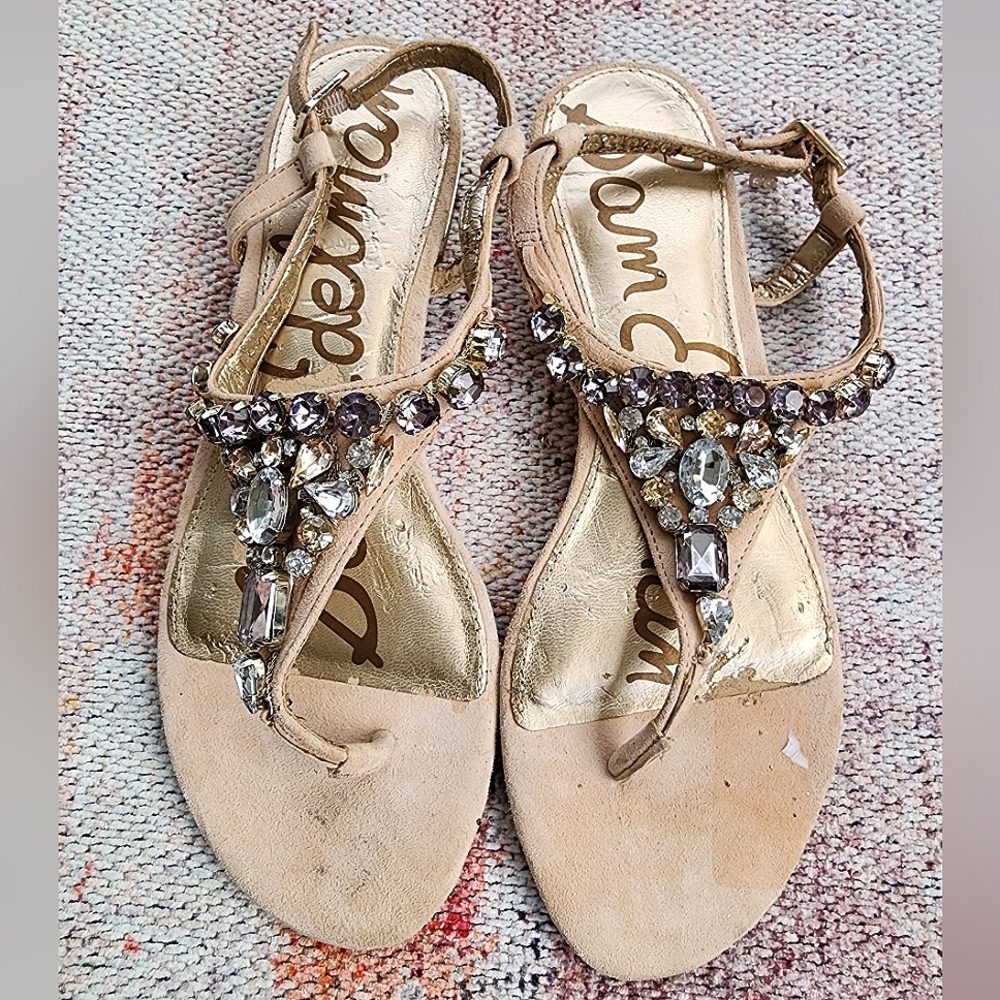New Sam Edelman Tan Crystal Embellished Sandals Sz 9